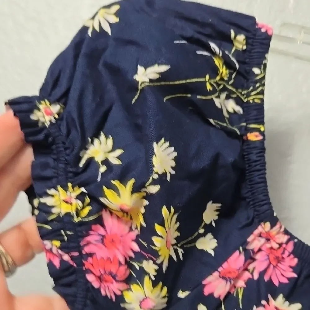 Gap Girls Floral Puff Sleeve Chambray Romper XL 14/16 Navy Bow Pockets Summer